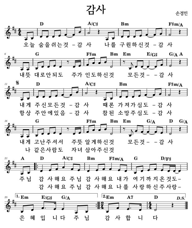 D 손경민 감사 악보 다운로드 - D코드 찬양